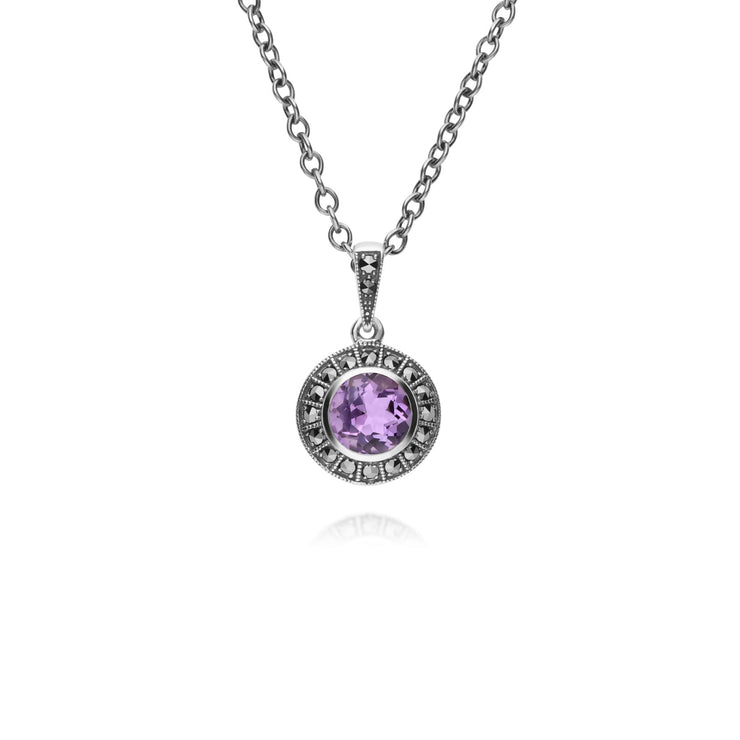 Collana da 45 cm con ametista rotonda in argento sterling e marcasite