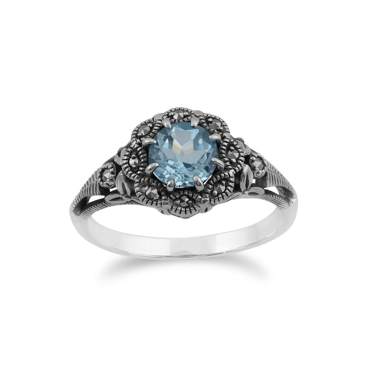 Orecchini a bottone e anello floreali in argento 925 rotondi con topazio azzurro e marcasite