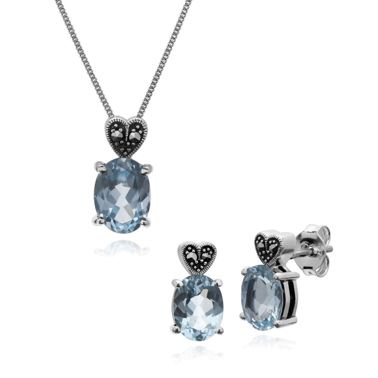 Orecchini pendenti e a bottone in stile Art Déco in argento 925 con topazio azzurro ovale e marcasite