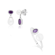 Anello con perla moderna e orecchini pendenti In argento 925 con perla e ametista