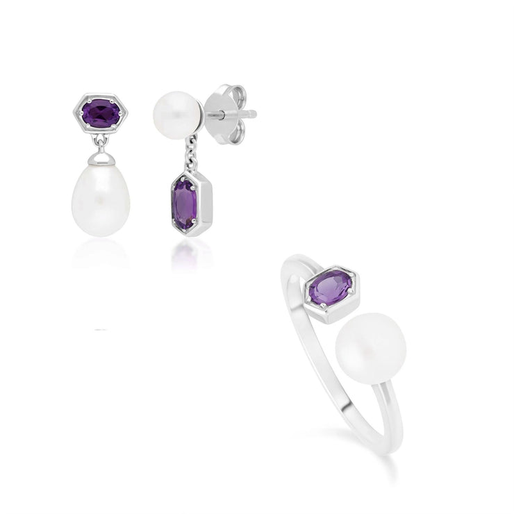 Anello con perla moderna e orecchini pendenti In argento 925 con perla e ametista
