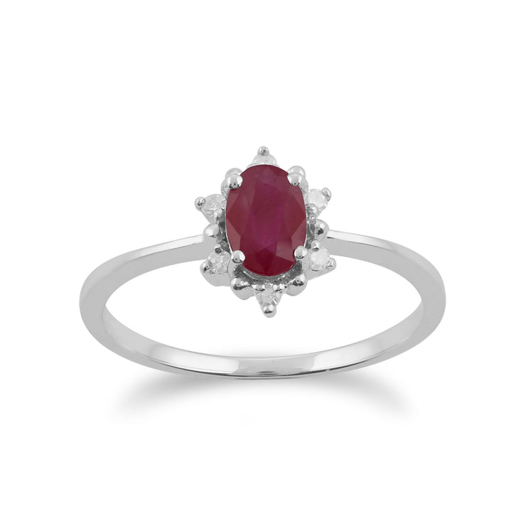 Anello Gemondo con rubini, anello a grappolo ovale in oro bianco da 9 ct con rubini da 0,63 ct e diamanti
