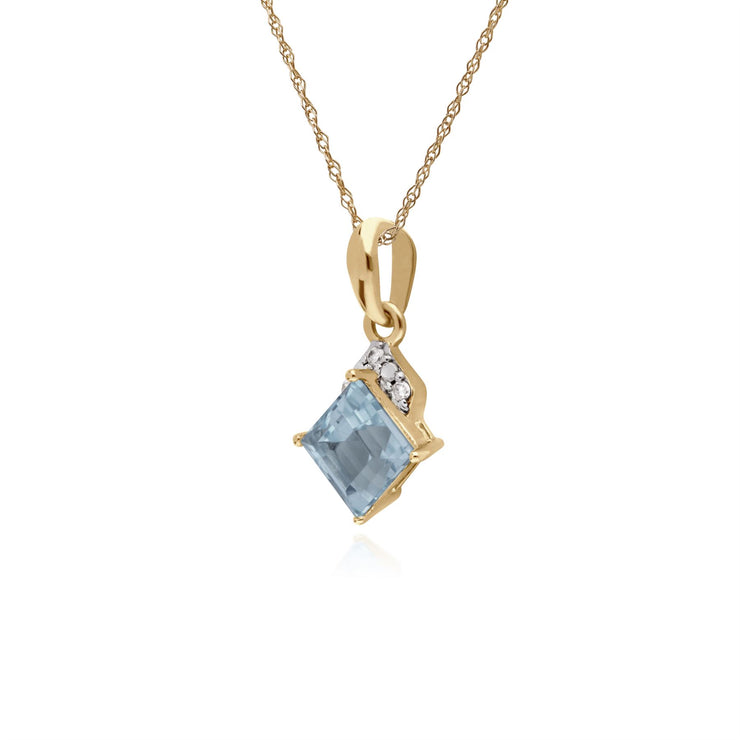 Collana con topazio azzurro, pendente con topazio azzurro in oro giallo da 9 ct e diamante quadrato su catena da 45 cm