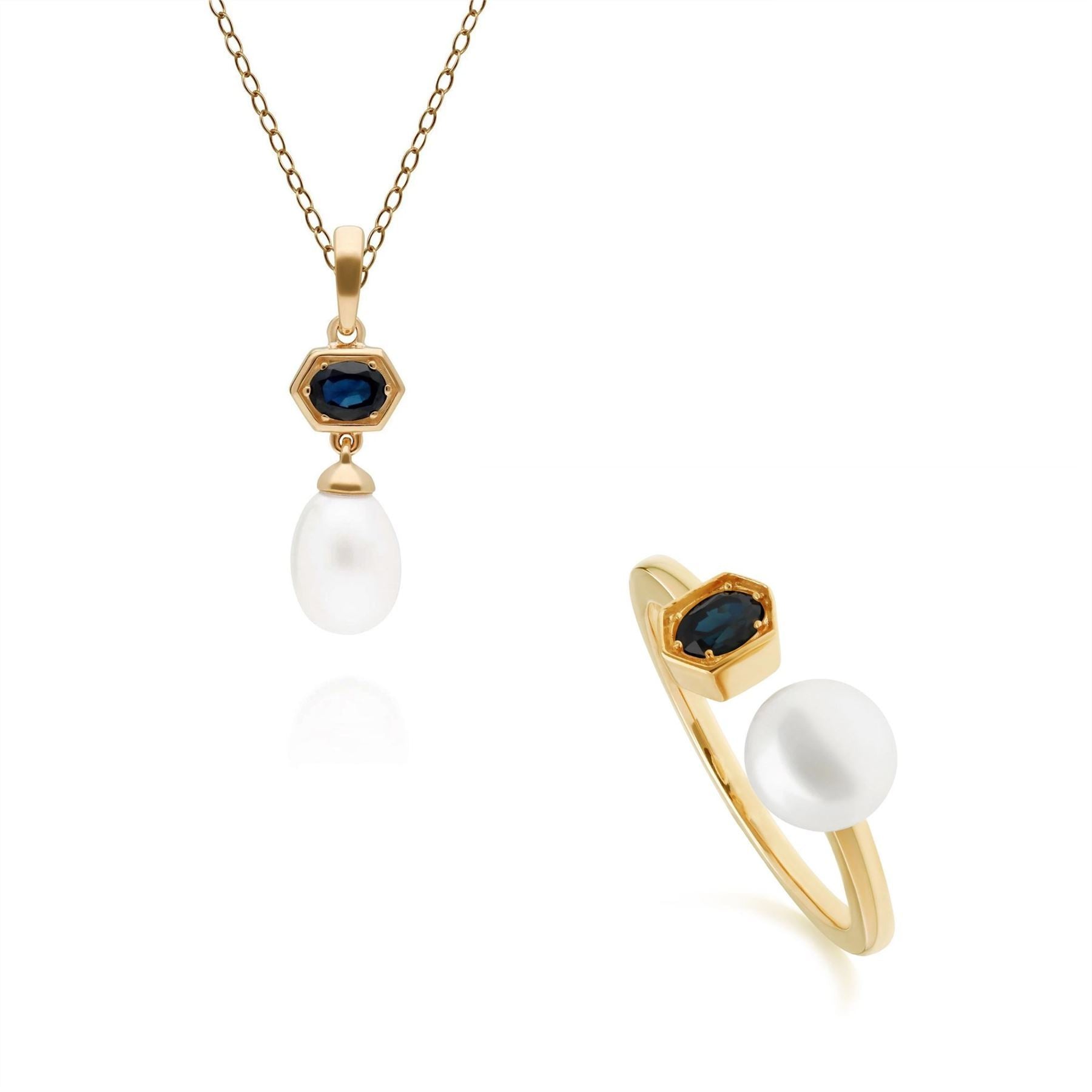 Modern Pearl & Sapphire Earring & Ring Set in Gold Plated Sterling Silver