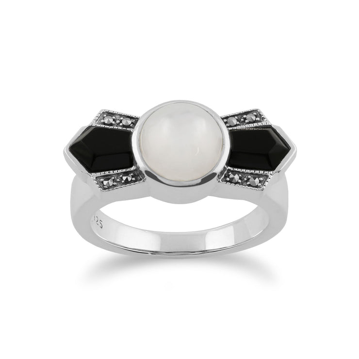 Anello Art Déco Gemondo, anello Art Déco in argento sterling 925 con onice nero, madreperla e marcasite