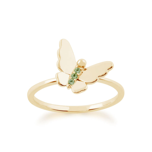 Set di tre anelli floreali impilabili in oro giallo 375 con peridoto e diamanti, farfalla e fiori