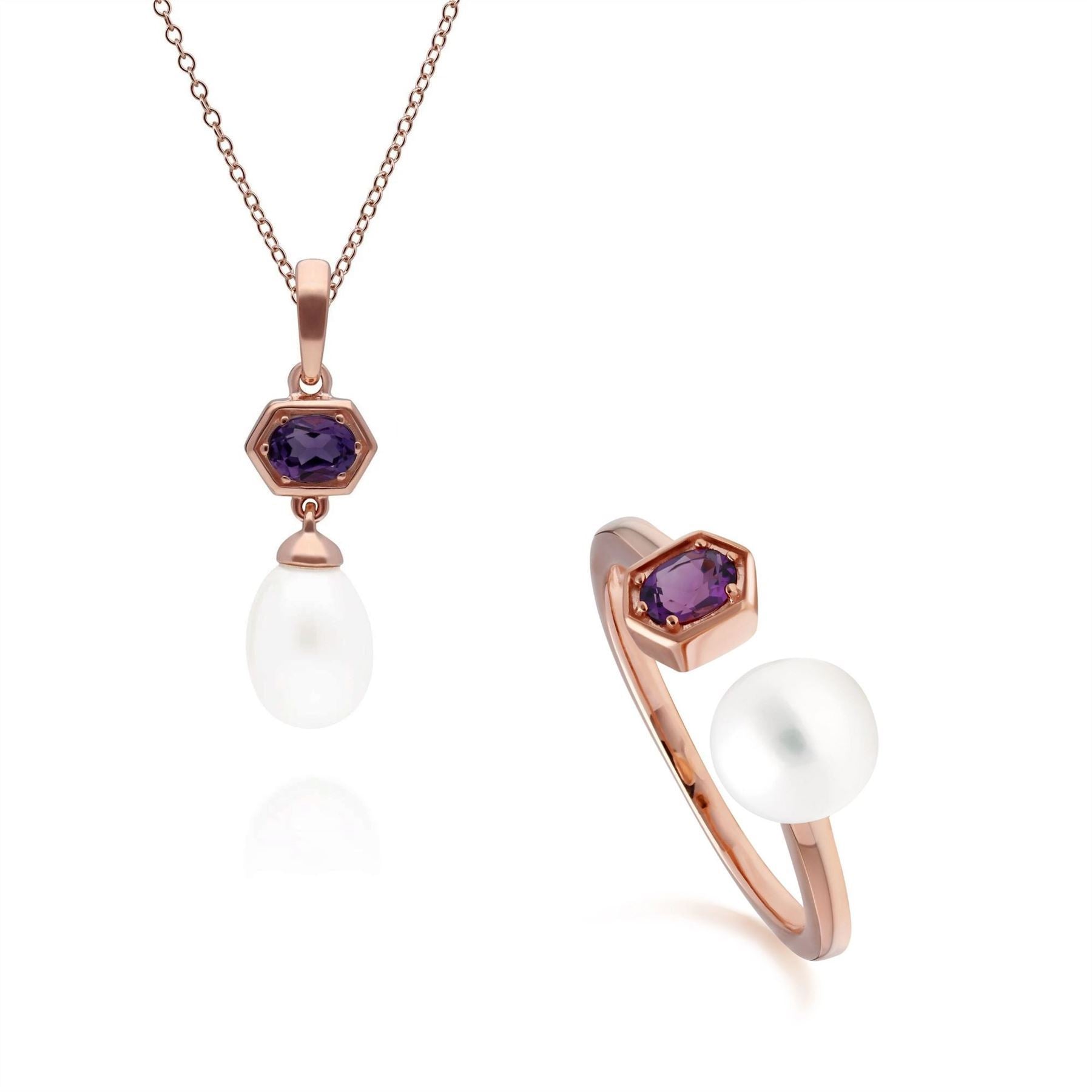 Modern Pearl & Amethyst Pendant & Ring Set in Rose Gold Plated Sterling Silver