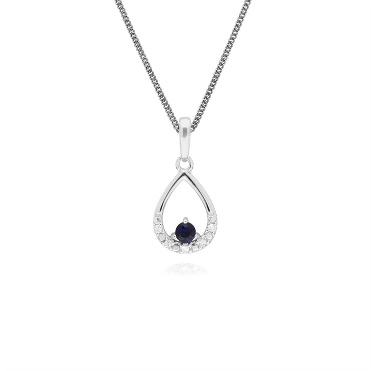 Ciondolo unico in oro bianco da 9 ct con zaffiro e diamanti a forma di pera su catena da 45 cm