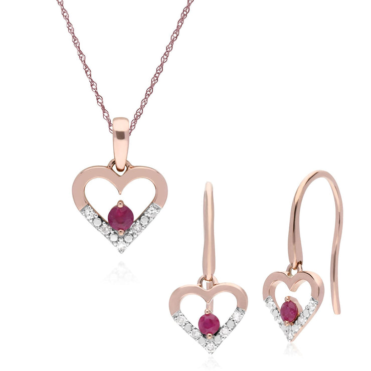 Classico pendente a cuore e orecchini pendenti in oro rosa 375, rubini e diamanti