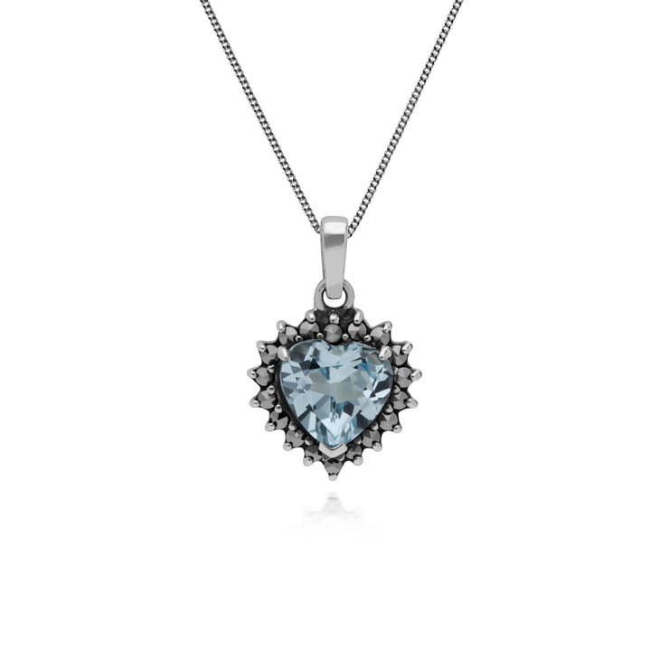 Collana con topazio, pendente a cuore in argento sterling con topazio azzurro e marcasite con catena da 45 cm