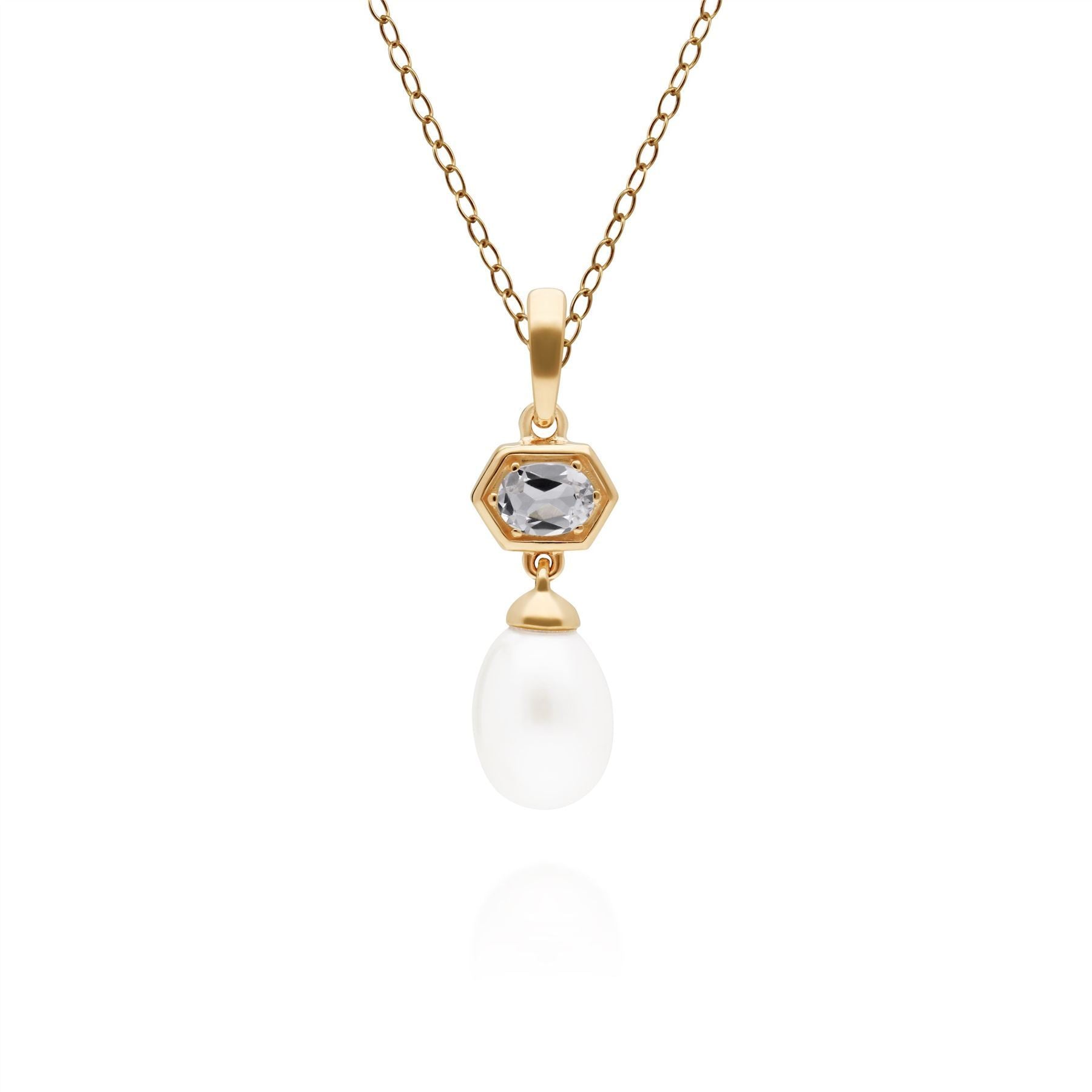 Modern Pearl & White Topaz Hexagon Drop Pendant in Gold Plated Sterling Silver