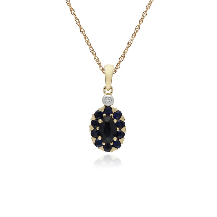 Pendente con montatura ovale in oro giallo da 9 ct con zaffiri e diamanti su catena da 45 cm