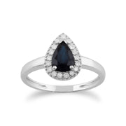 Anello classico in oro bianco 375 con zaffiro a pera e diamante Halo