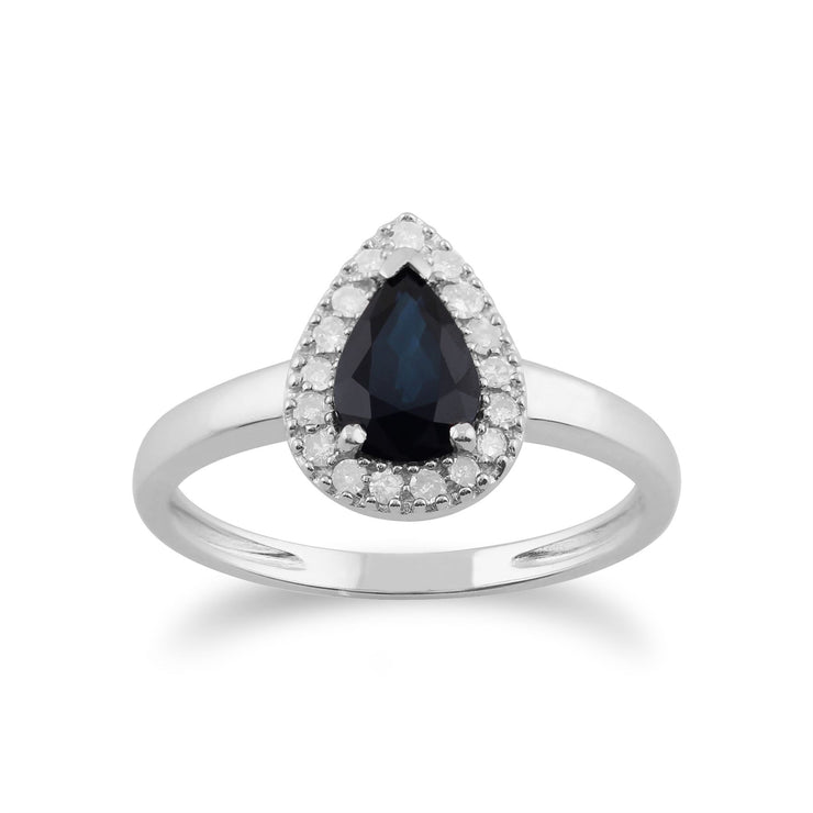 Anello classico in oro bianco 375 con zaffiro a pera e diamante Halo