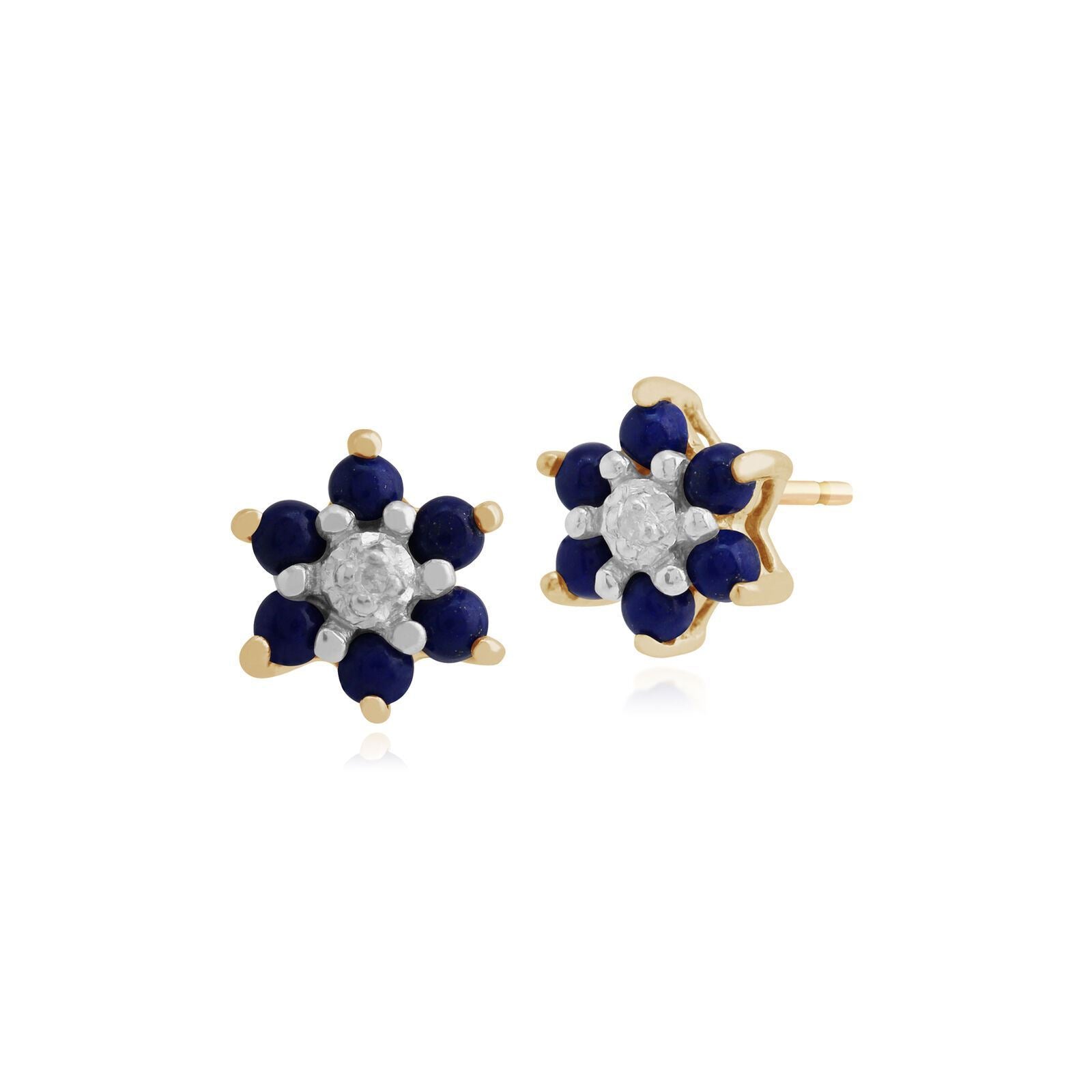 Floral Round Lapis Lazuli & Diamond Cluster Stud Earrings in 9ct Yellow Gold