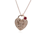 Ciondolo classico con lucchetto a cuore intrecciato in argento 925 placcato oro rosa e ciondoli con rubini