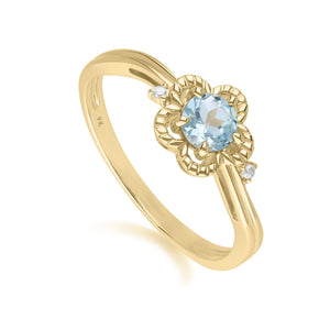 Floreale Anello con Topazio blu e Diamanti  tondi in oro giallo 9 ct
