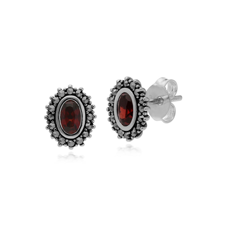 Anello in stile Art Déco e orecchini a lobo in argento 925 con granato ovale e alone di marcasite