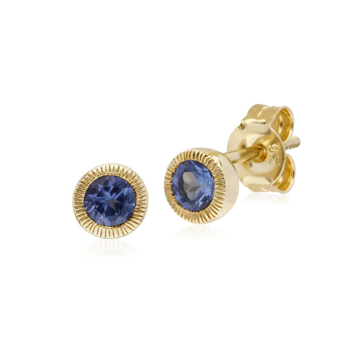 Orecchini di tanzanite, orecchini Milgrain rotondi con pietra singola di tanzanite in oro giallo da 9 ct
