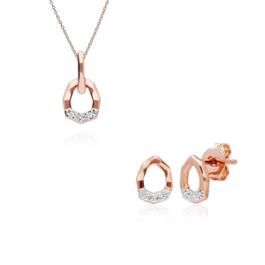 Diamond Pave Asymmetrical Pendant & Stud Earring Set in 9ct Rose Gold