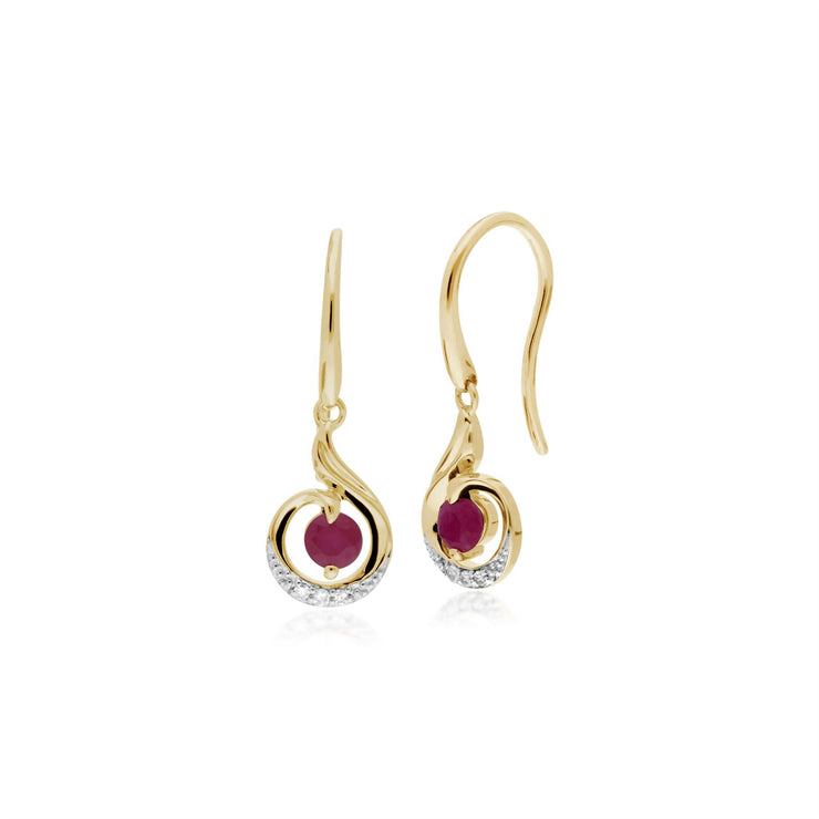 Orecchini con rubini, orecchini pendenti a spirale in oro giallo con rubini da 9 ct e diamanti