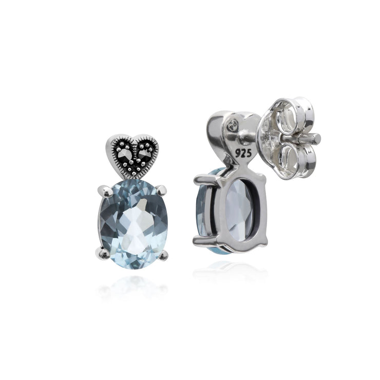Orecchini con topazio, orecchini a bottone ovali in argento sterling con topazio blu e marcasite