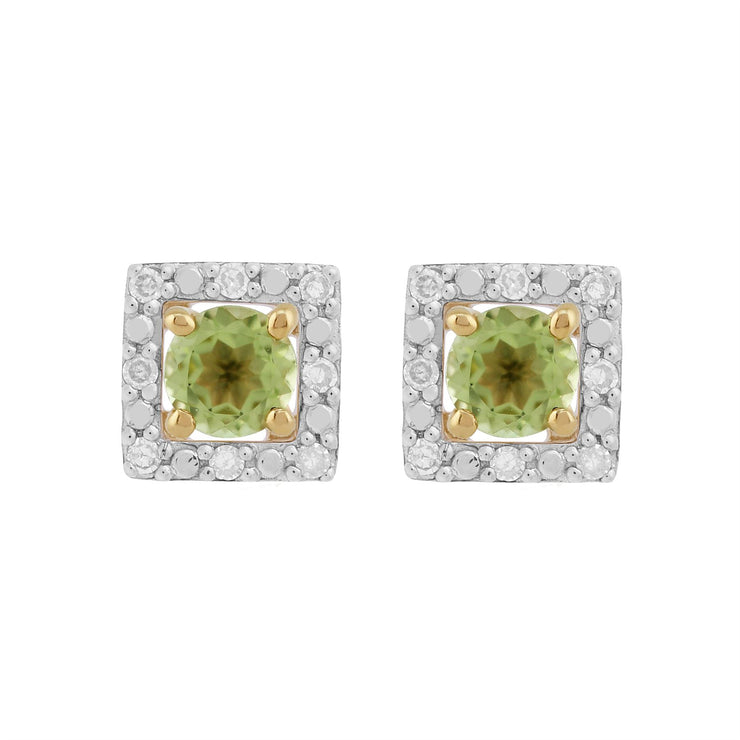 Orecchini a bottone classici con peridoto in oro giallo 375 e rivestimento per l'orecchio con diamanti quadrati