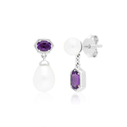 Anello con perla moderna e orecchini pendenti In argento 925 con perla e ametista