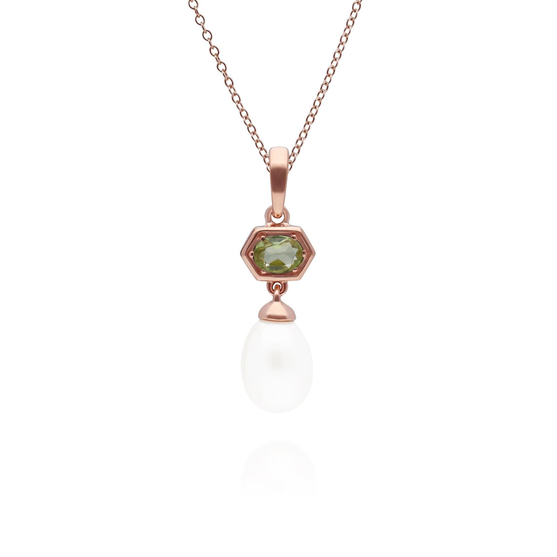 Modern Pearl & Peridot Hexagon Drop Pendant in Rose Gold Plated Sterling Silver