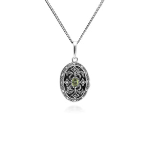 Art Nouveau Style Oval Peridot & Marcasite Locket Necklace in 925 Sterling Silver