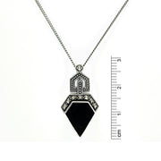 Collana e orecchini con bottone a foglia in stile Art Déco Argento 925 Onice nero e marcasite