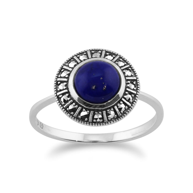 Anello e collana in stile Art Déco Argento 925 tondo con lapislazzuli e marcasite Halo