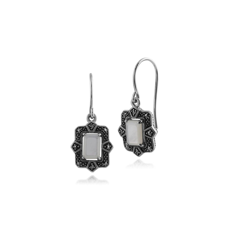 Orecchini pendenti e pendenti in stile Art Déco in argento 925 con madreperla baguette e castoni in marcasite