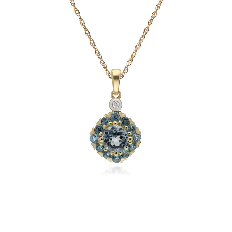 Pendente con topazio azzurro rotondo in oro giallo da 9 ct e diamanti quadrati su catena da 45 cm