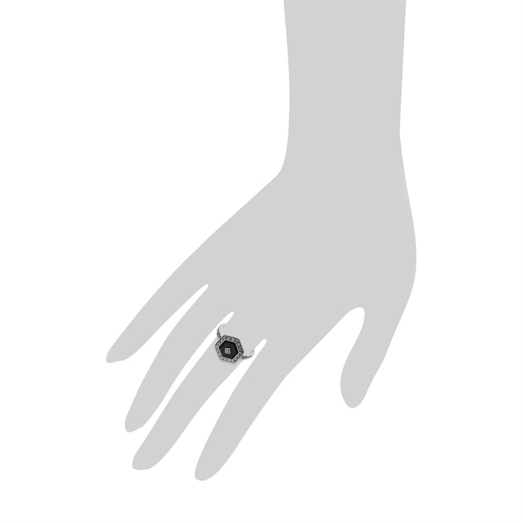 Gemondo Anello esagonale da donna in argento sterling con onice nero e marcasite - Onice