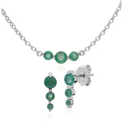 Collana e orecchini classici con tre pietre di smeraldo rotondo in argento 925