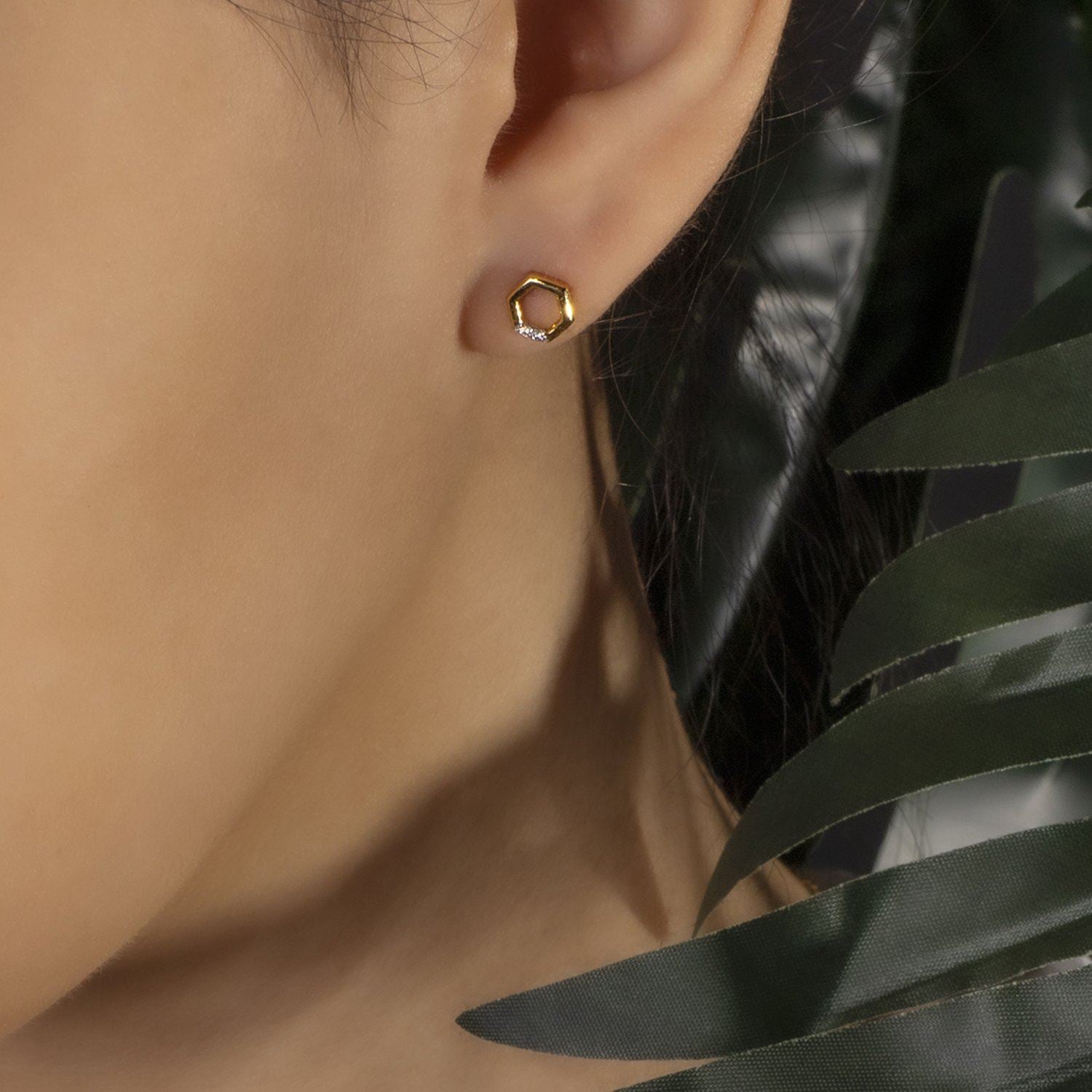 Diamond Hexagon Stud Earrings in 9ct Yellow Gold on model