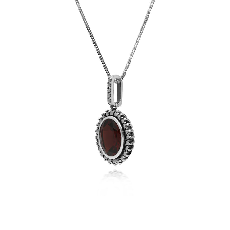 Ciondolo ovale in argento 925 con granato e marcasite in stile Art Déco