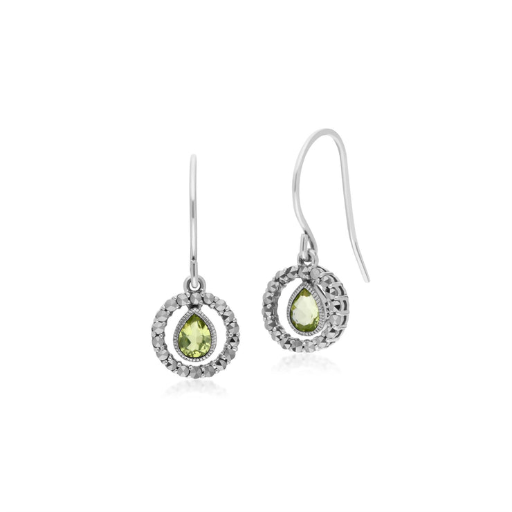 Orecchini pendenti in argento sterling con peridoto a goccia e marcasite rotonda