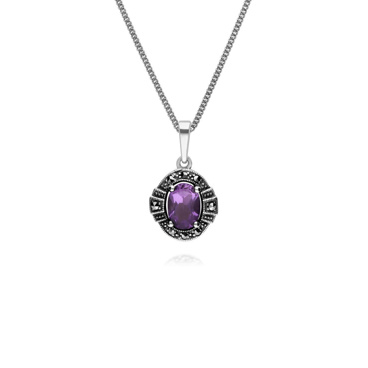 Collana in argento sterling con ametista ovale e marcasite da 45 cm