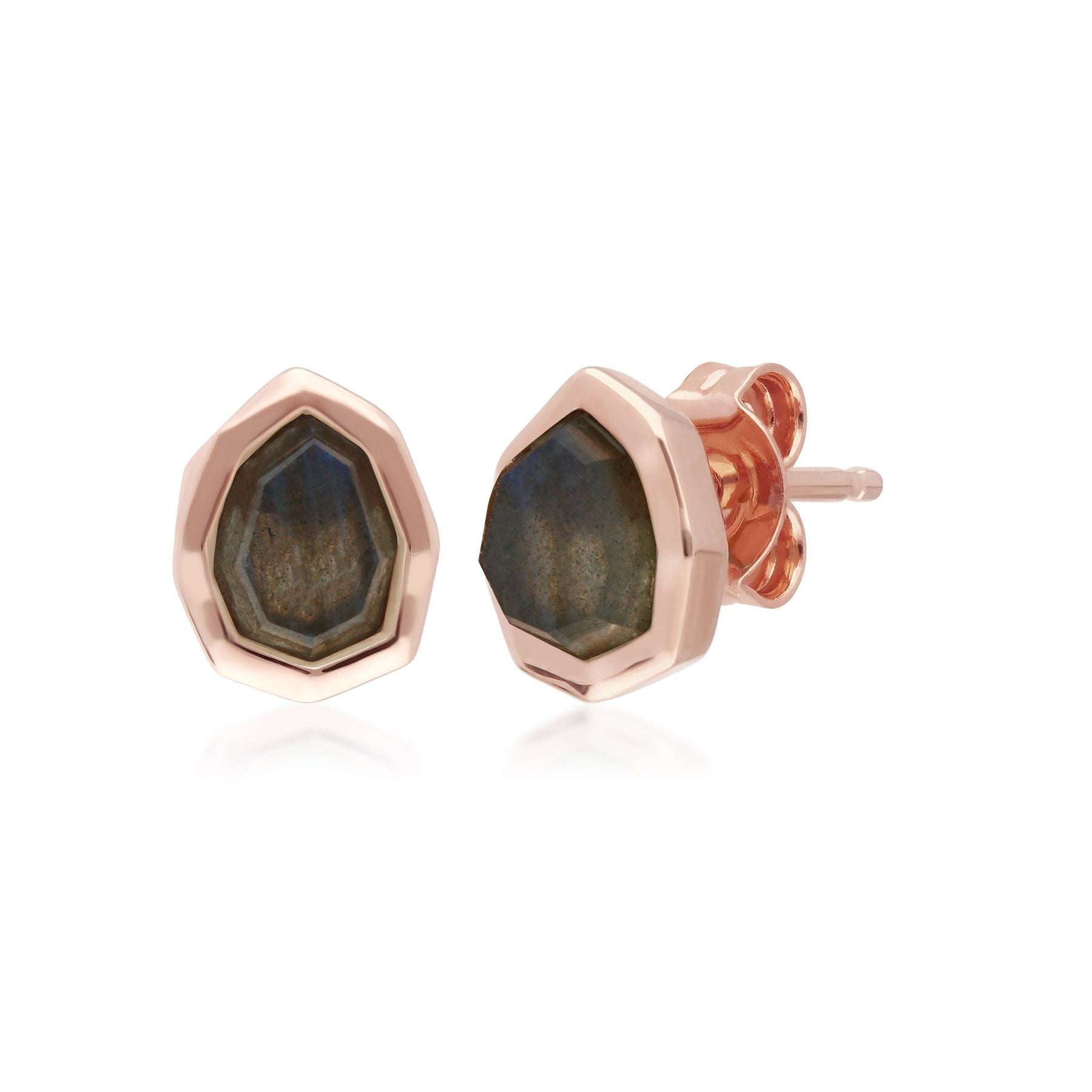 Irregular B Gem Labradorite Stud Earrings in Rose Gold Sterling Silver
