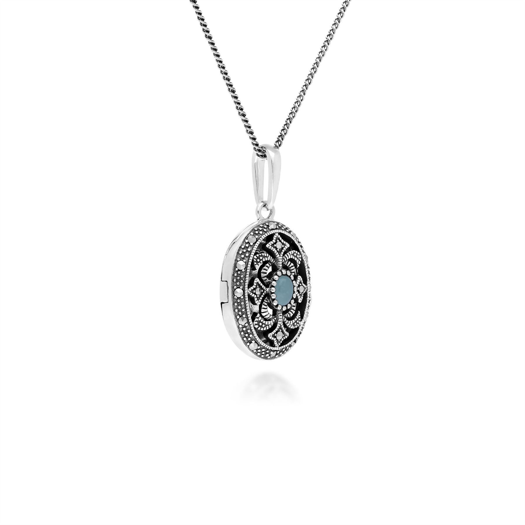 Art Nouveau Style Oval Dyed Green Jade & Marcasite Locket Necklace in 925 Sterling Silver