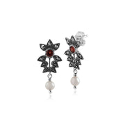 Orecchini pendenti in stile Art Nouveau Argento 925 con granato, perla e marcasite