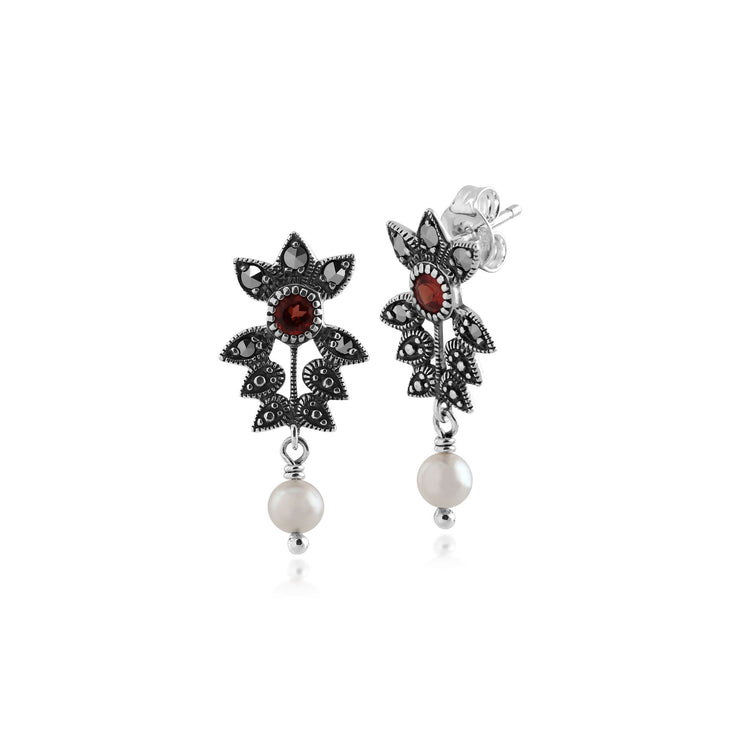 Orecchini pendenti in stile Art Nouveau Argento 925 con granato, perla e marcasite