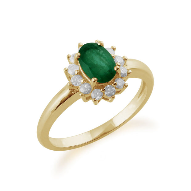 Anello Gemondo con smeraldo, anello classico a grappolo ovale in oro giallo da 9 ct con smeraldo da 0,83 ct e diamanti