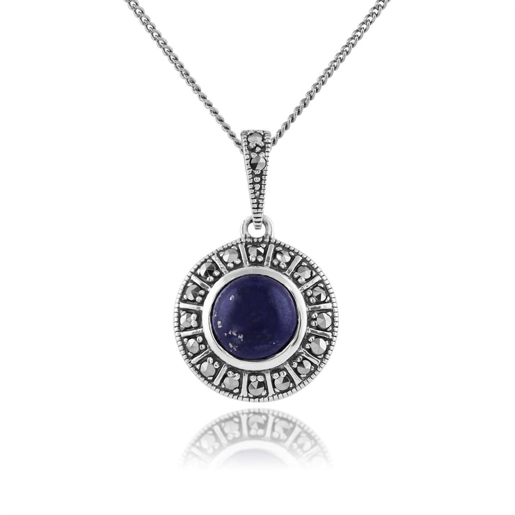 Anello e collana in stile Art Déco Argento 925 tondo con lapislazzuli e marcasite Halo