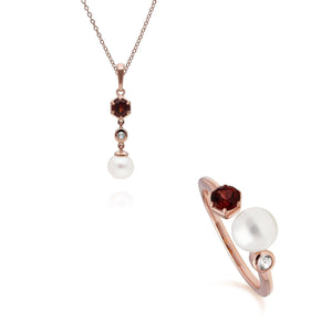 Modern Pearl, Garnet & Topaz Pendant & Ring Set in Rose Gold Plated Sterling Silver