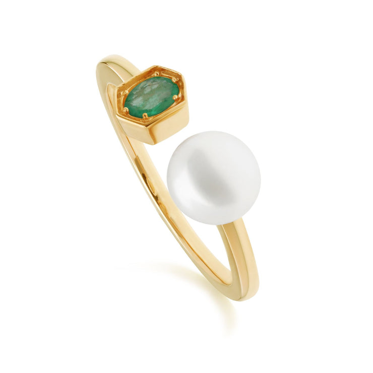 Anello aperto con perla moderna Argento 925 placcato oro Perla e smeraldo