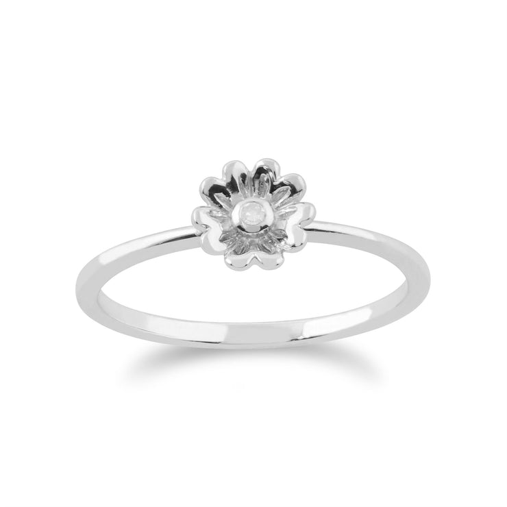 Set di tre anelli floreali impilabili in oro bianco 375 con topazio azzurro e farfalla e fiori di diamanti