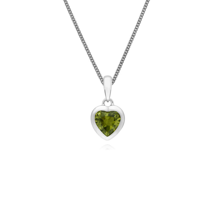 Ciondolo a forma di cuore con peridoto in pietra singola in argento sterling su catena da 45 cm